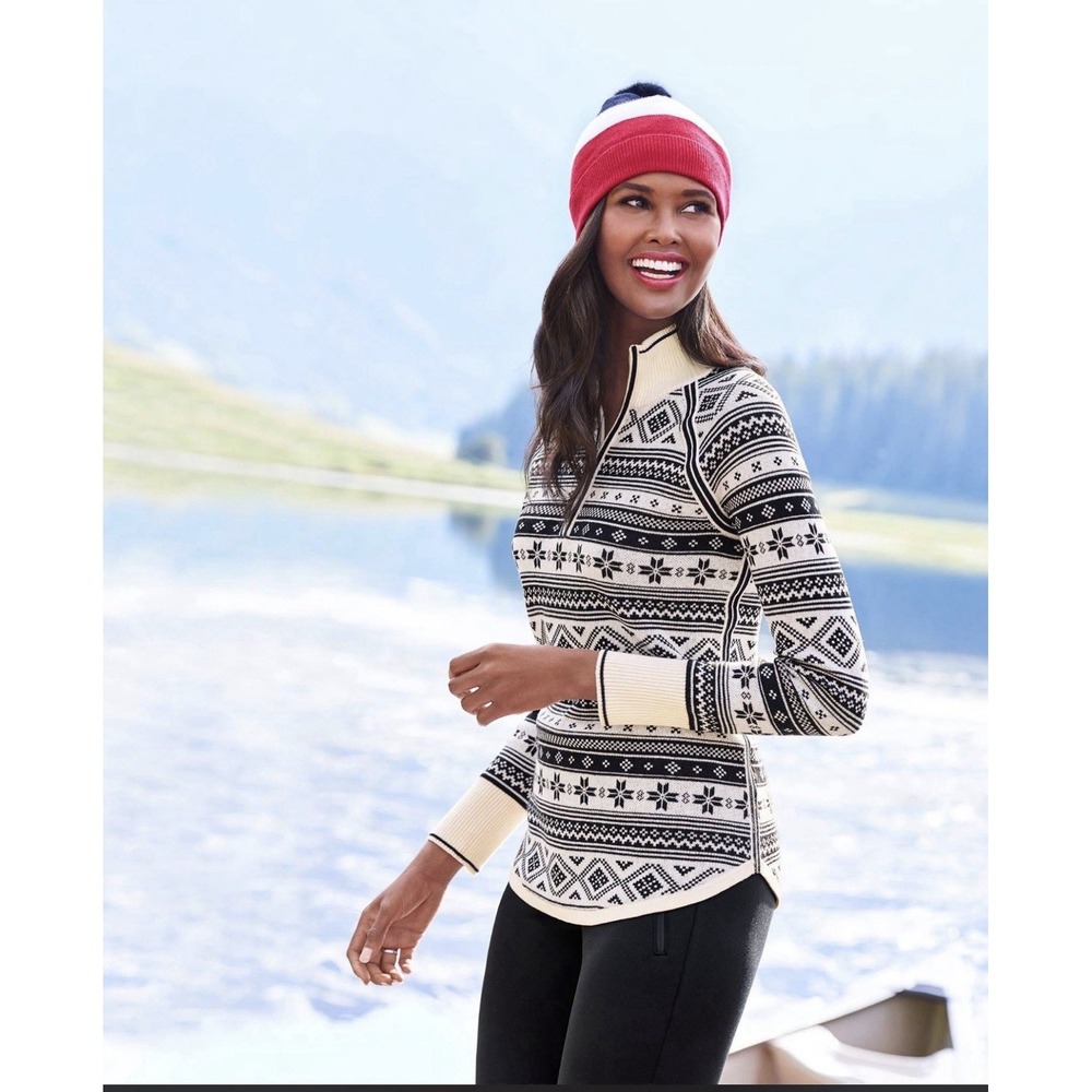 Talbots ThermaWarmth Sweater Womens XL Fair Isle Quarter Zip Black Ivory Ski